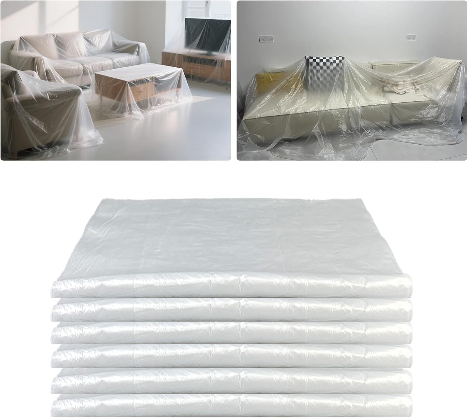6 Pack 4 x 5M Large Plastic Dust Sheets for Decorating Thick Clear Heavy Duty Polythene Sheeting Plastic Sheeting for Painting, Furniture, Floor Protection