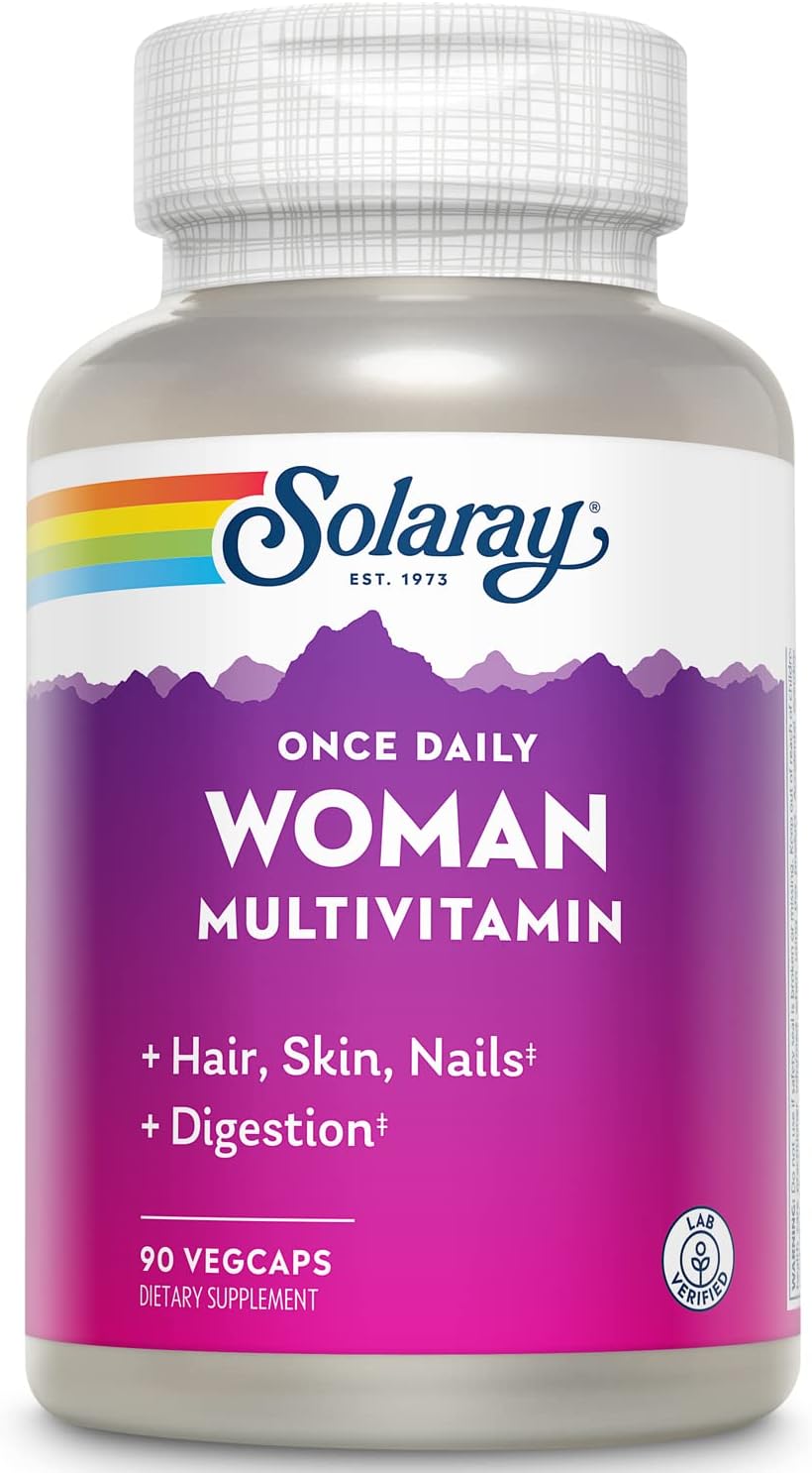 SOLARAY Once Daily Woman Multivitamin with Iron, Cellular Energy, Digestion, Red Blood Cell Support, Multivitamin for Women w/Vitamin D, Vitamin B12, Prenatal Vitamins Support w/Folic Acid, 90 Serv