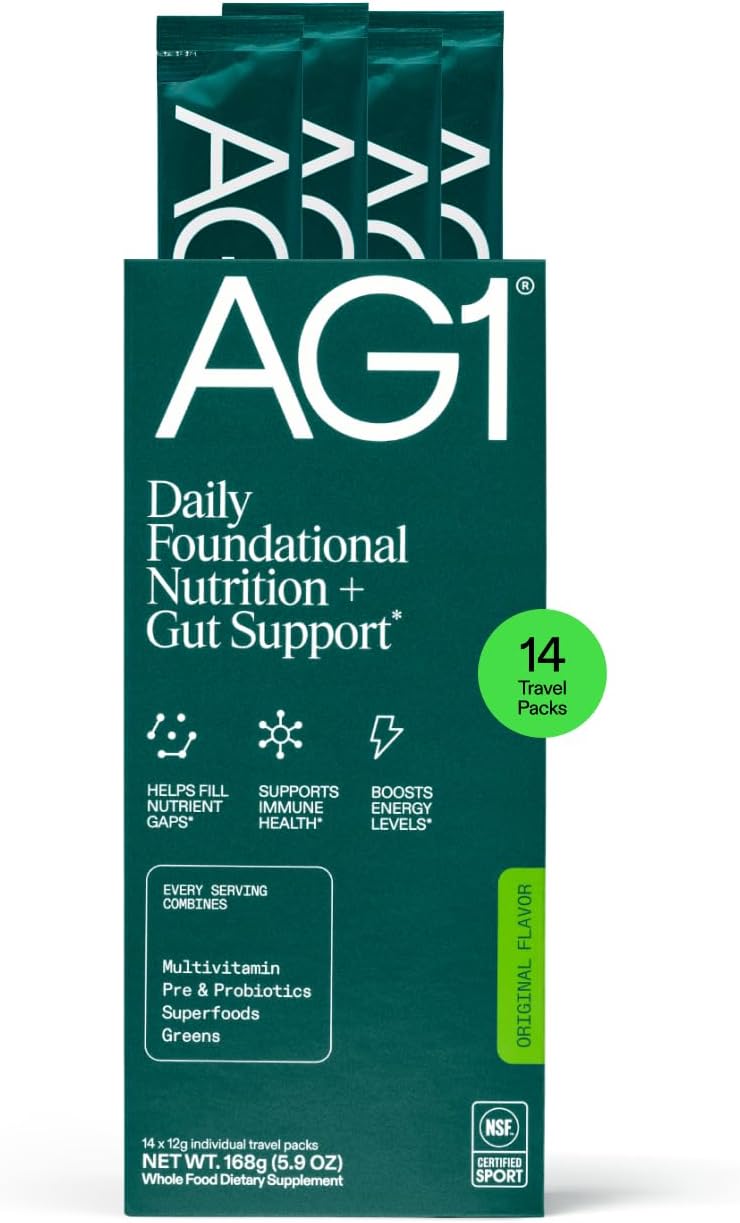 AG1 Athletic Greens Superfood and Probiotic, 75 Vitamins, Travel Pack 14ct | Includes Superfoods and Digestive Enzymes, Adaptogens, and Whole Food Nutrients Spirulina, Chlorella, Enzymes, Gluten Free