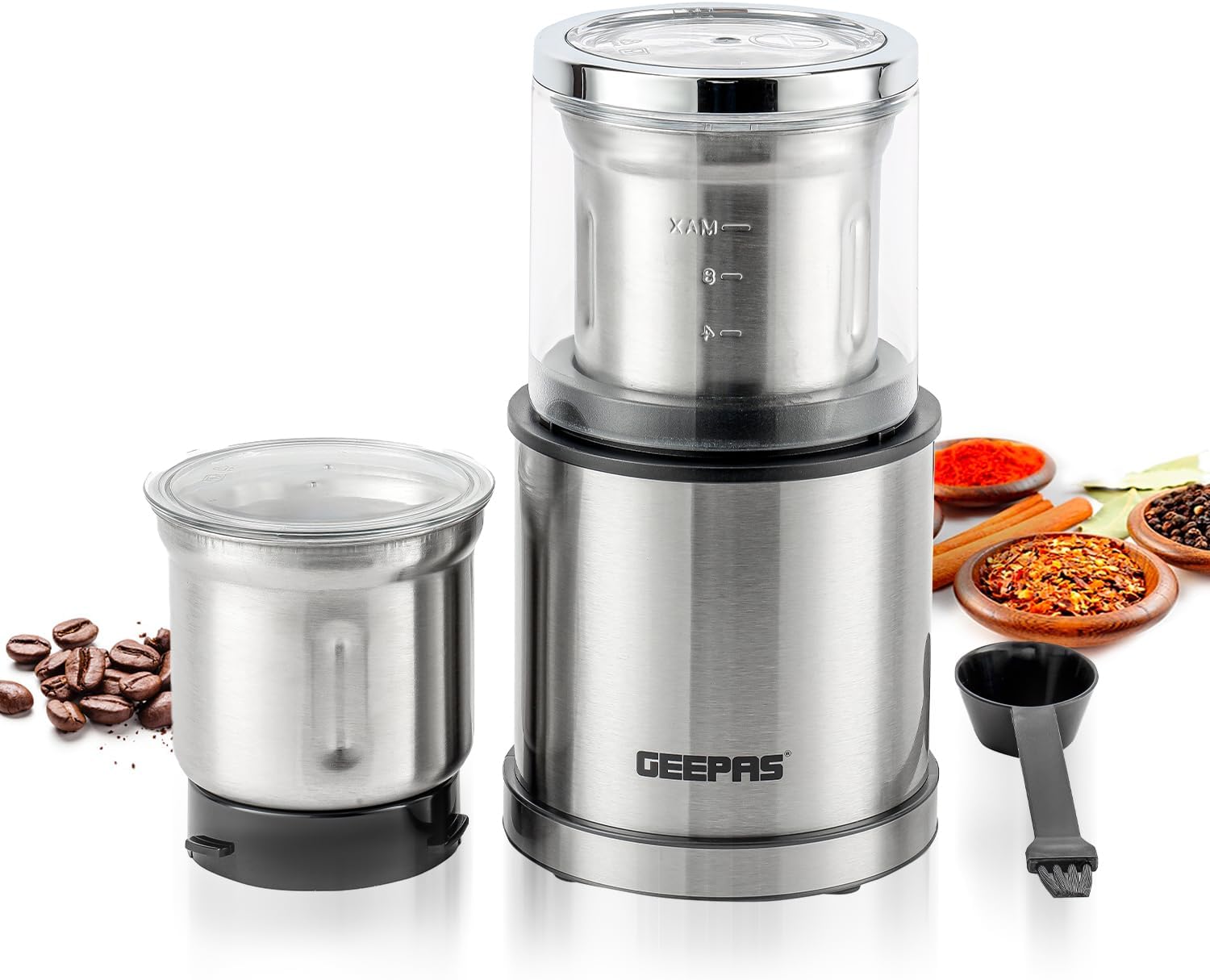Geepas 200W Electric Coffee Grinder & Food Processor Wet & Dry Grinding | Stainless Steel Blades & Housing 75g Detachable Bowl for Coffee, Spices, Nuts & Chutney | Powerful & Compact Grinder – Silver