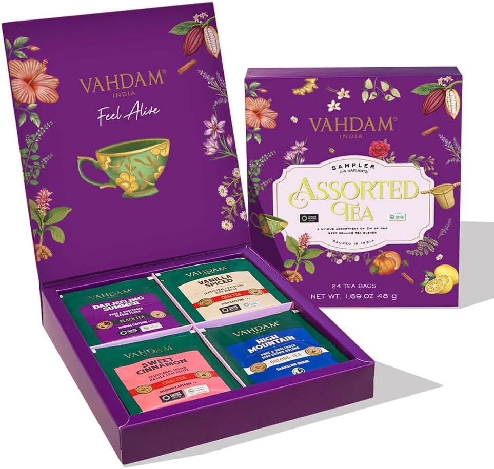 VAHDAM, Assorted Tea Gift Set | Classic Box - 24 Unique Flavor in Individually Wrapped Pyramid Tea Bags | Ideas for Tea Lovers | Gifts for Women & Men
