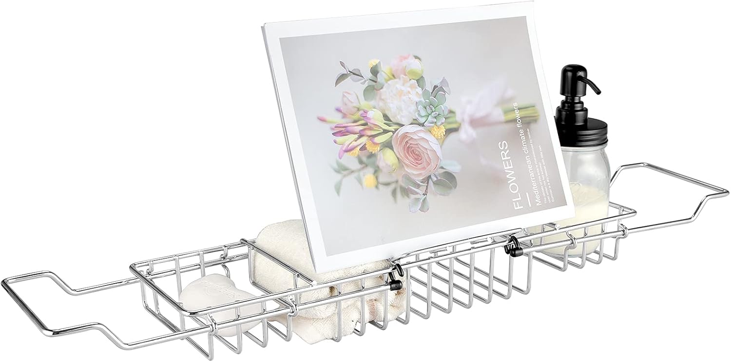 HOMEE Stainless Steel Shower Caddy Tray with Removable Book Holder, European Style Extendable Rectangular Bathroom Tray for Shower Bath Phone IPad Book Holder Candleholder Table Shelf - Silver