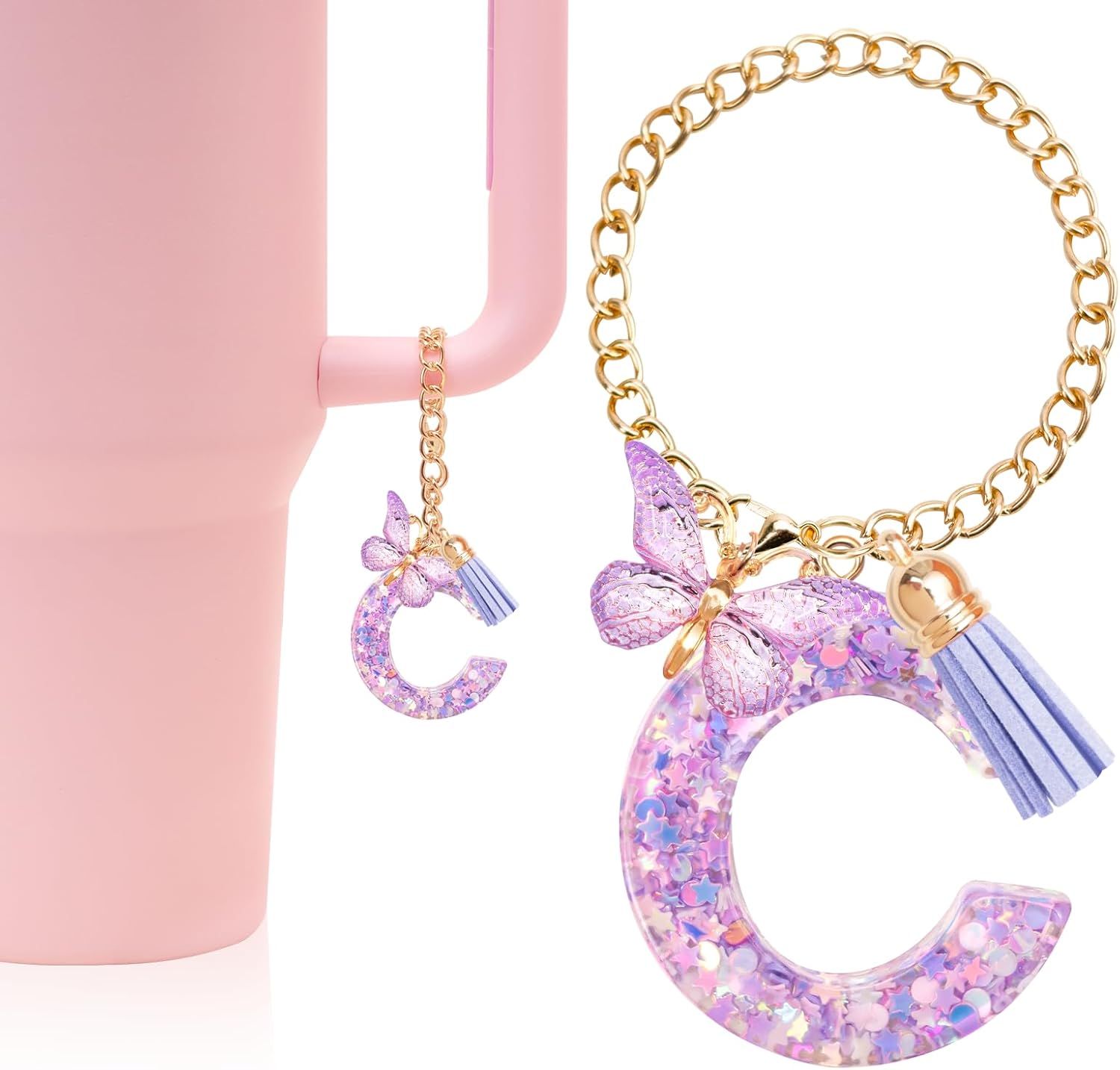 Designed for Stanley Cup Charms, [Upgraded Chain] Initial Keychain for Stanley Cup 40/30 oz with Handle