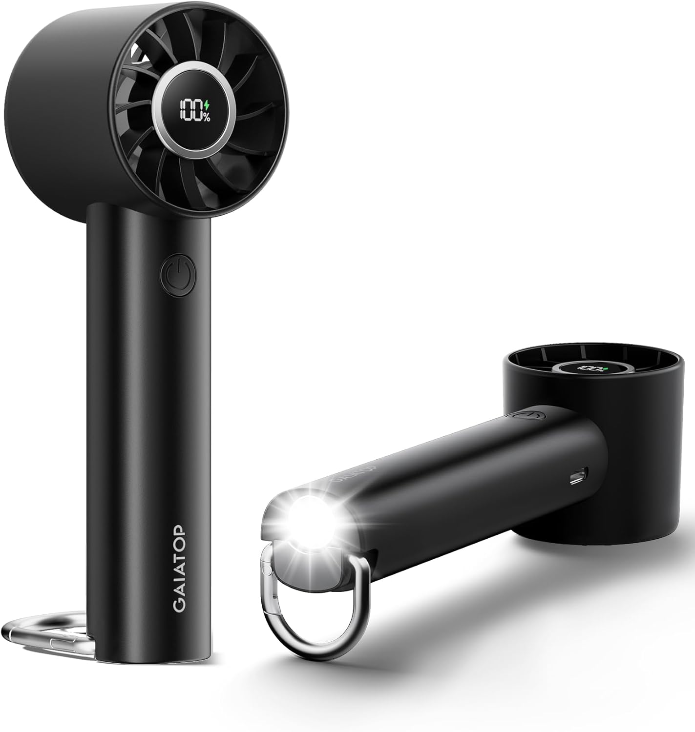 gaiatop Turbo Hand Held Fans with LED Torch Clasp Base, USB Rechargeable Portable Fans Mini Desk Fan, Digital Display Travel Essentials for Home Office School Outdoor Camp, Gifts for Women Men, Black