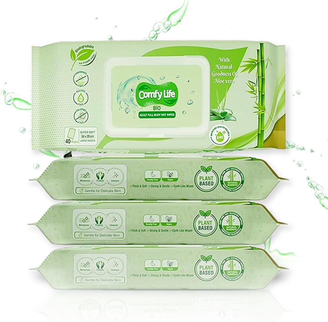 Comfy Life Biodegradable Adult Full Body Wet Wipes Large Luxury Eco-Friendly Fresh-Feel Rinse-Free Fragrance-Free Bed Bath Intimate-Care Soft Sheets (4 Packs (160 Wipes))