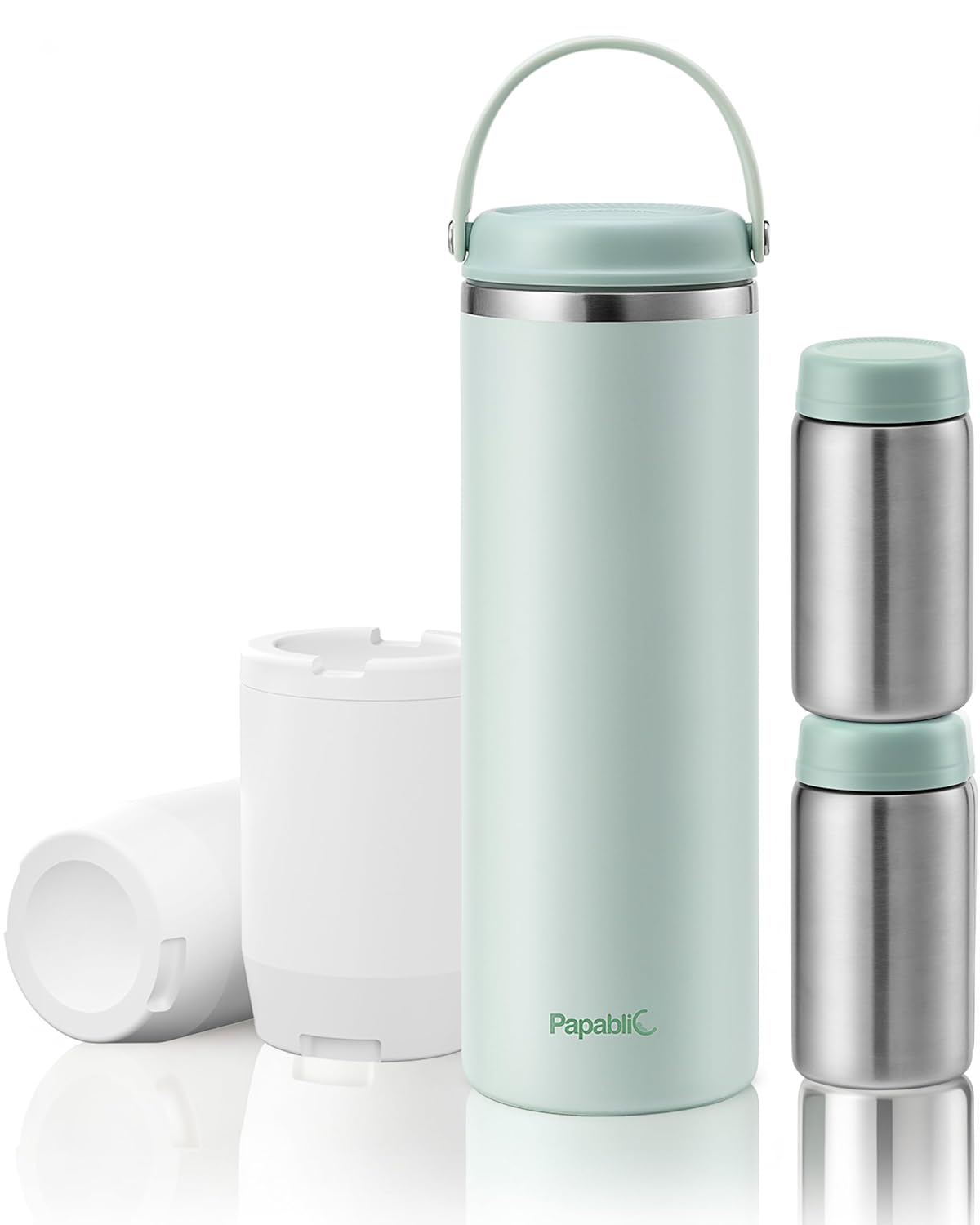Papablic Innovative 360ยฐ CapsuleChill Breastmilk Cooler for 36H Safe Storage, 20oz Stress-Free Portable Breast Milk Chiller with 2pcs Stainless Steel Baby Bottles for Work & Travel, Mint Green
