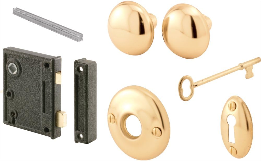 Prime-Line E 2437 Vertical Trim Vintage Lock Set – Cast Steel, Brass Plated Knobs, Antique Skeleton Key Lock System – 2-1/2” Backset, Surface Mounted, Right-Hand Swing-In Interior Doors (Single Pack)