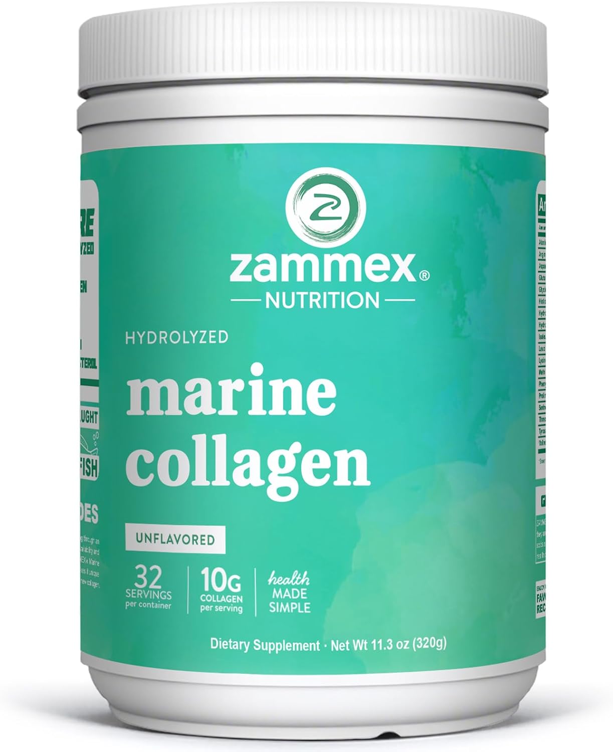 Zammex Marine Collagen Peptides Powder Unflavored, Wild-Caught Fish Collagen Powder, Supports Healthy Skin, Hair, Joints, Type 1 & 3 Collagen Supplement for Women - Easy to Mix. (32 Servings)
