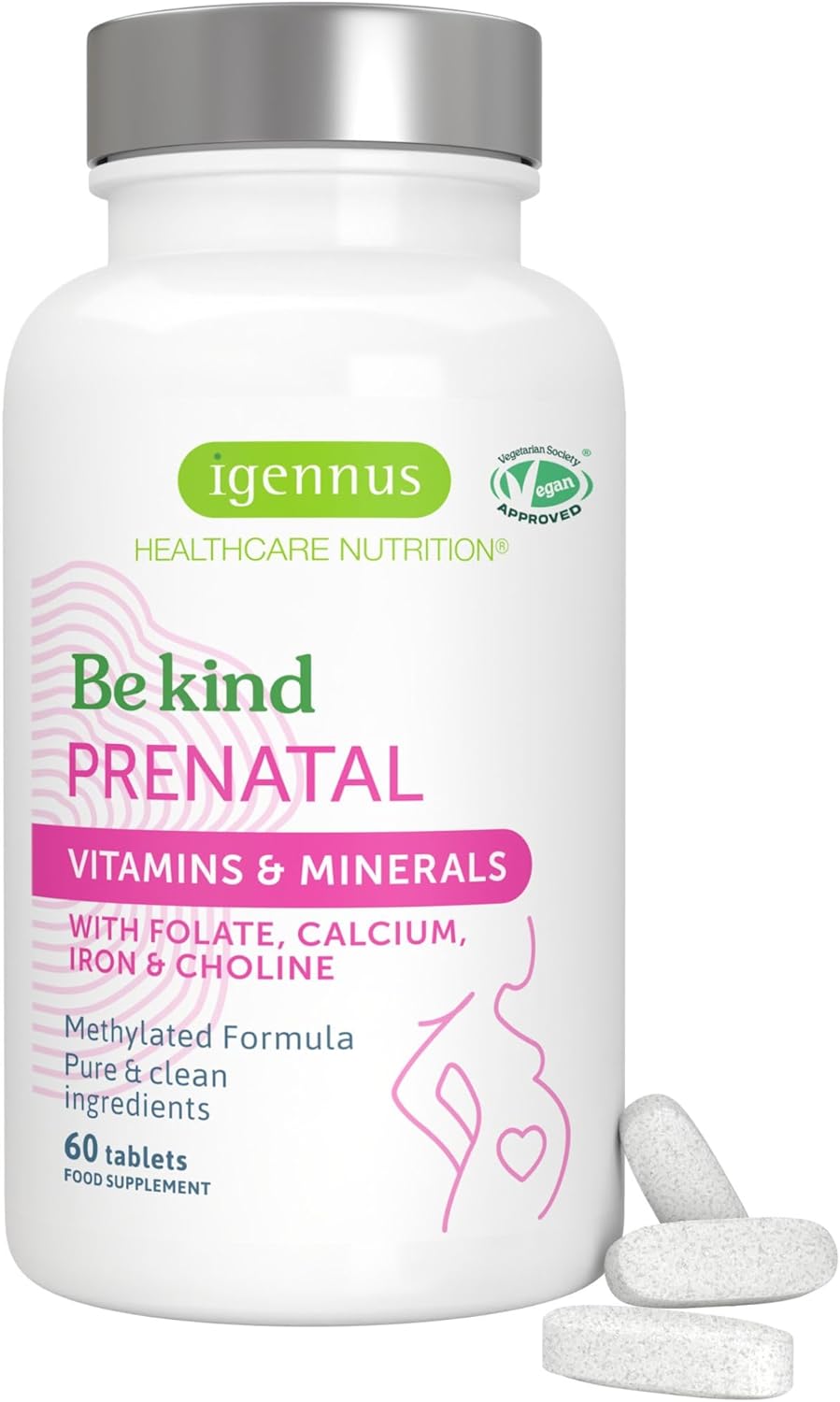 Igennus Advanced Prenatal Methylated Multivitamin, Folate for MTHFR, High Absorption, Clean Label, with Calcium, Choline, Magnesium & Gentle Iron, Complete Vegan Pregnancy Vitamins, 60 Tablets