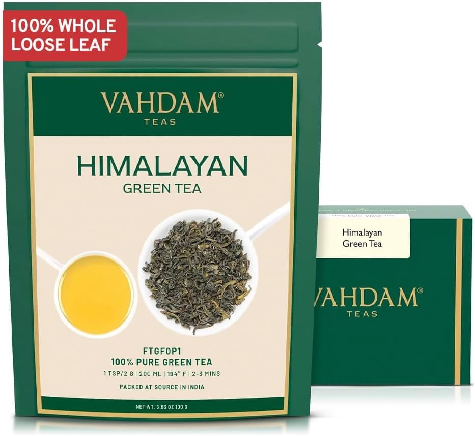 VAHDAM, Green Tea Leaves from Himalayas, 100gram (50 Cups), 100% Natural Tea, POWERFUL ANTI-OXIDANTS, Brew Hot Tea, Iced Tea or Kombucha Tea, Green Tea Loose Leaf
