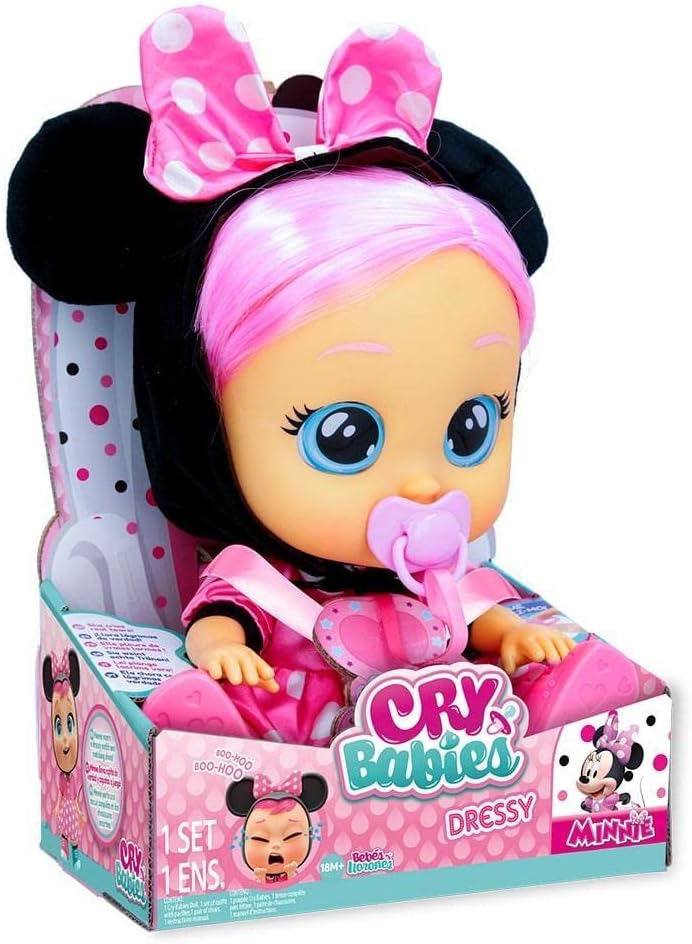 CRY BABIES Dressy Minnie | Interactive Doll that Cries real Tears with Hair to Style, Clothes to Wear and Accessories to Play - Toy and Gift for Boys and Girls