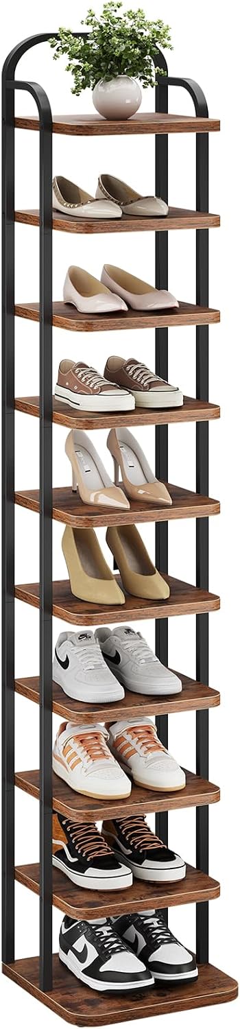 Dripex Adjustable Narrow Shoe Rack Organizer, Space Saving Vertical Tall Shoe Shelf for 10 Tier, Sturdy Multifunctional Entryway Hallway Living Room Storage Shelf Rustic Brown