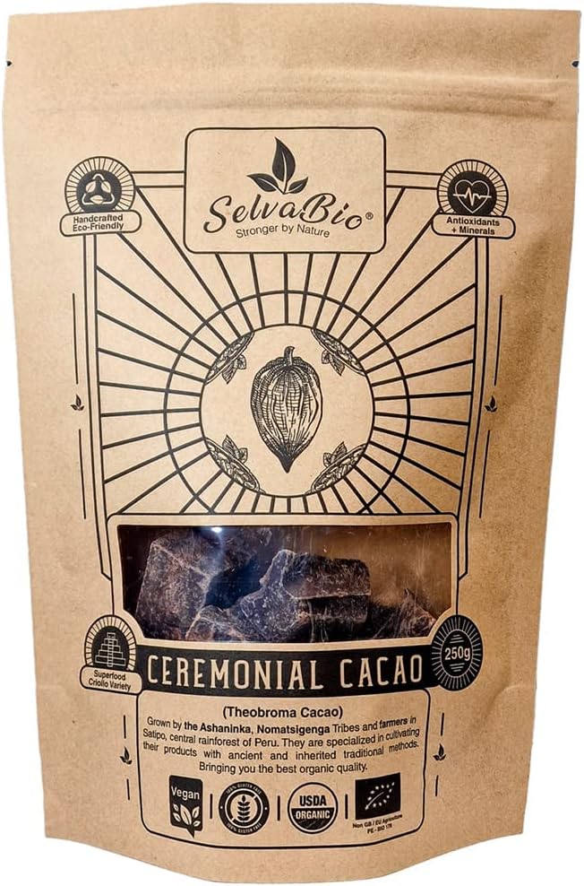 Organic Ceremonial Grade Cacao - 100% Raw Criollo Variety from Farmers and Ashaninka & Nomatsigenga Tribes in Peru, 250g