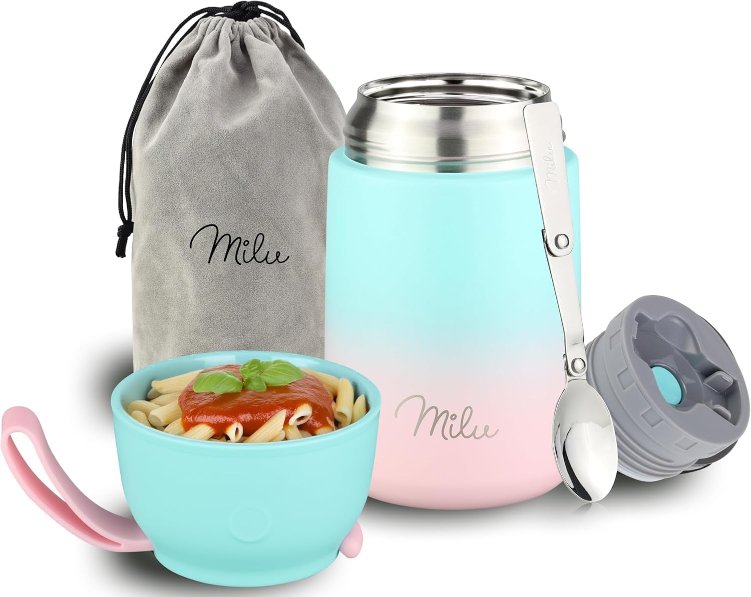 Milu® Thermo Food Flask 650ml - Stainless Steel Insulated Container - Lunchbox - Jar with Spoon for hot and Cold Food (Mint Pink, 650ml)
