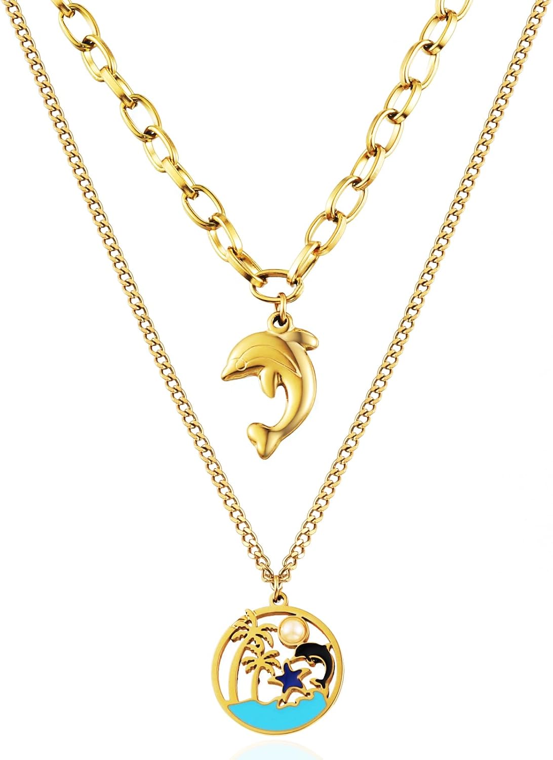 Ocean Charm Necklace for Women, 18K Gold Plated Dolphin Starfish Choker Necklaces Summer Beach Jewelry Gifts