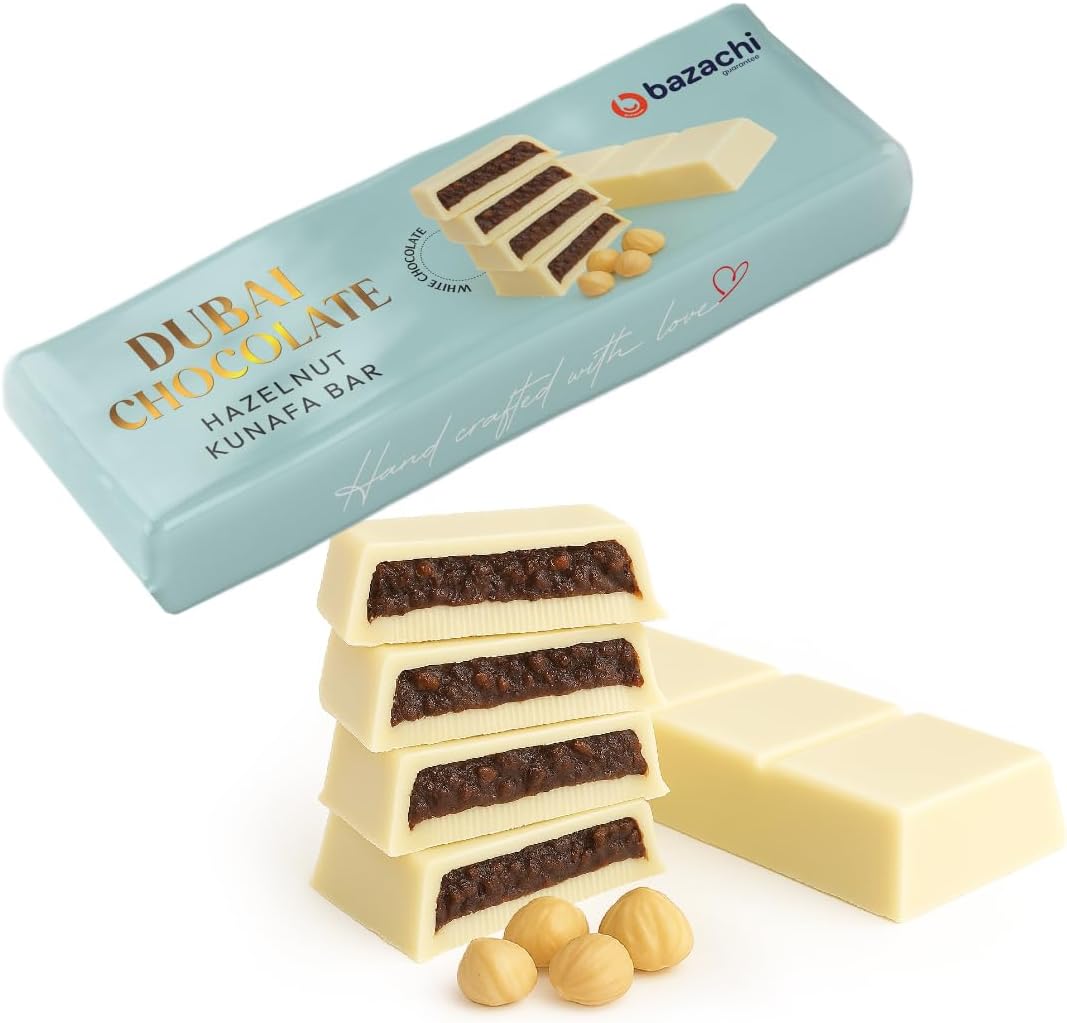 Real Dubai Chocolate by Bazachi – Premium 75g Bar with Pistachio, Hazelnut & Kunafa | Handcrafted in the UK | Trending Gift Idea (75g, Hazelnut Kunafa White Chocolate)