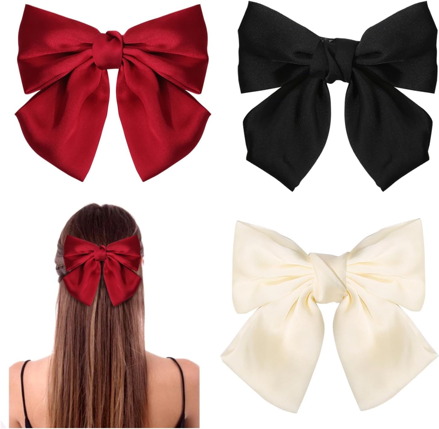 GWAWG 3PCS Bow Hair Clip，Hair Bows Barrettes Solid Color,Soft Satin Silky Hair Bows for Women Girls(Black, White, and Red)
