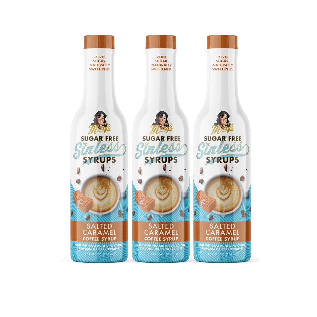 Sugar Free 3pk Salted Caramel Coffee Syrup - Stevia Based, No Sugar Alcohols or Sucralose, No Artificial Sweeteners, Natural Ingredients, Coffee Tea Cocoa Dessert, Keto Friendly, 3 Pack