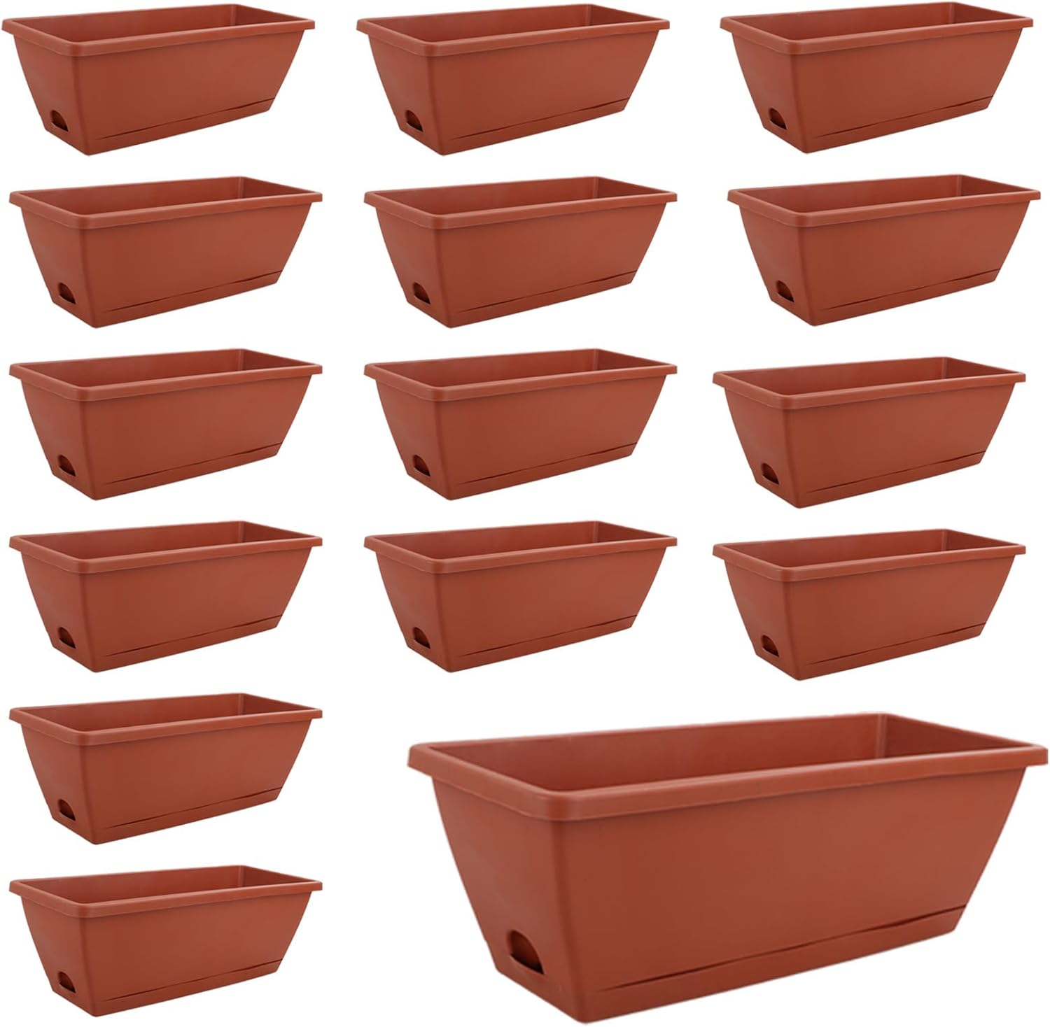 ZOFUN 15 Pcs Long Garden Planters, 43 x 19 x 15 cm Long Window Boxes for Flowers, Rectangular Flower Pots Outsides with Bottom Trays for Seepage, Red Plant Trough Planters for Garden Flowers Herbs