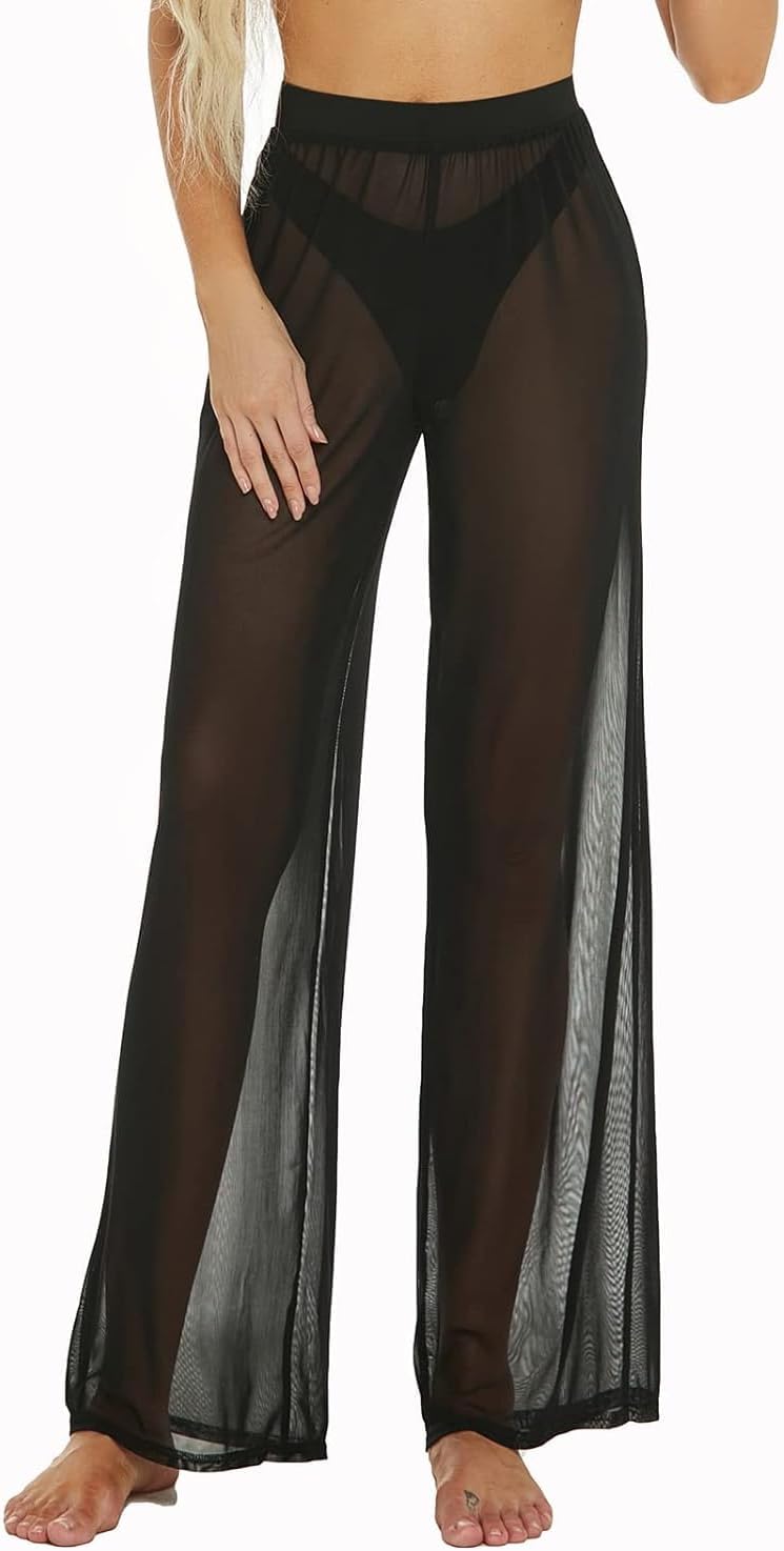 RUEWEY Women See Throug Mesh Flare Cover up Pants Swimsuit Bikini Bottom Cover up Elastic Waist Wide Leg Palazzo Trousers
