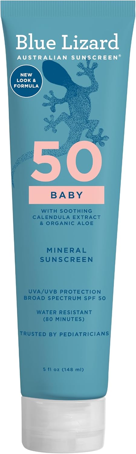 BLUE LIZARD Baby Mineral Sunscreen – No Chemical Actives – SPF 50+ UVA/UVB Protection, 5 Ounce Tube