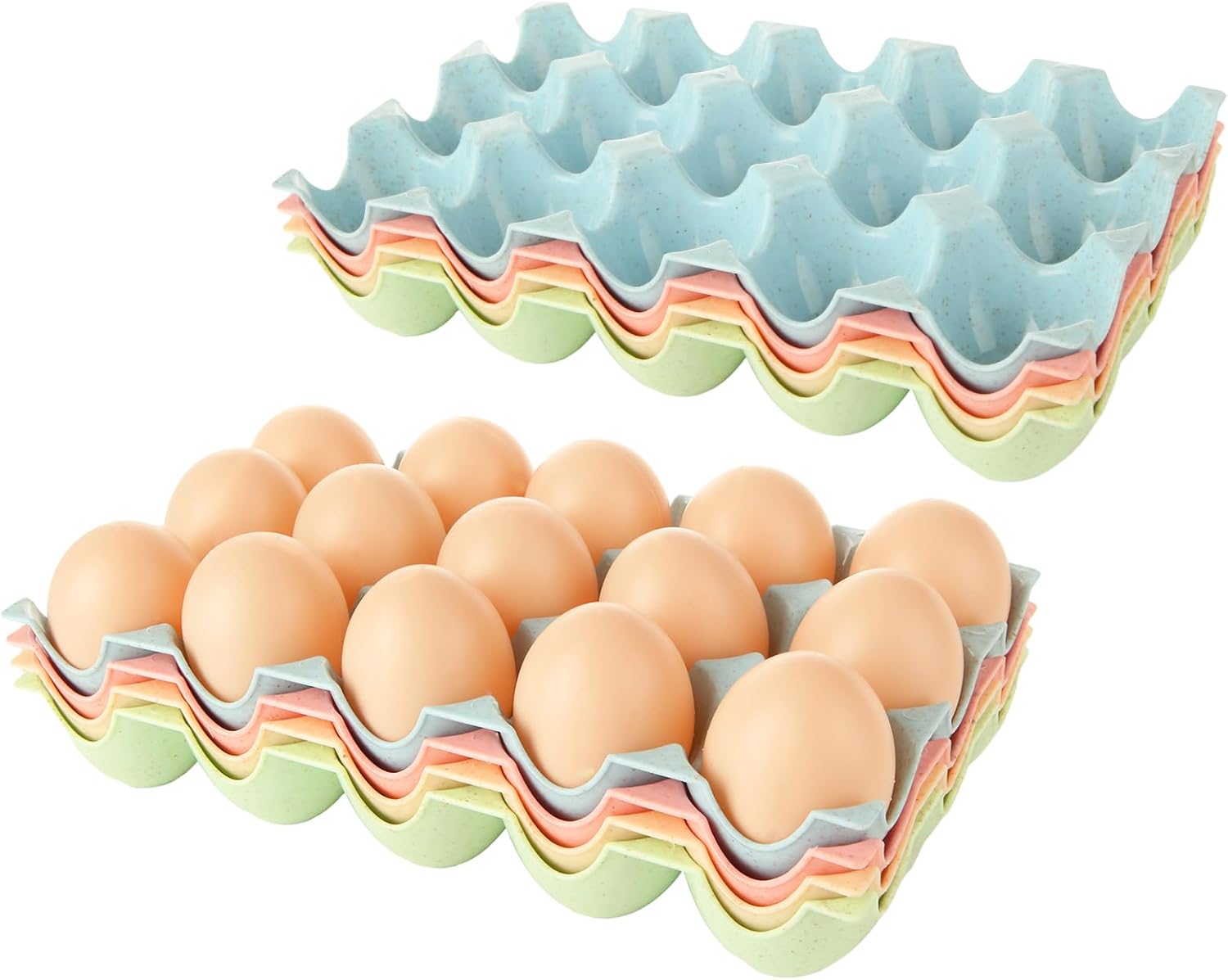 8 Pack Plastic Eggs Holder, 15 Grid Egg Container, Non-Slip Egg Plate, Reusable Egg Tray Storage Box for Home, Kitchen, Fridge, Restaurant - Blue & Green & Pink & Beige
