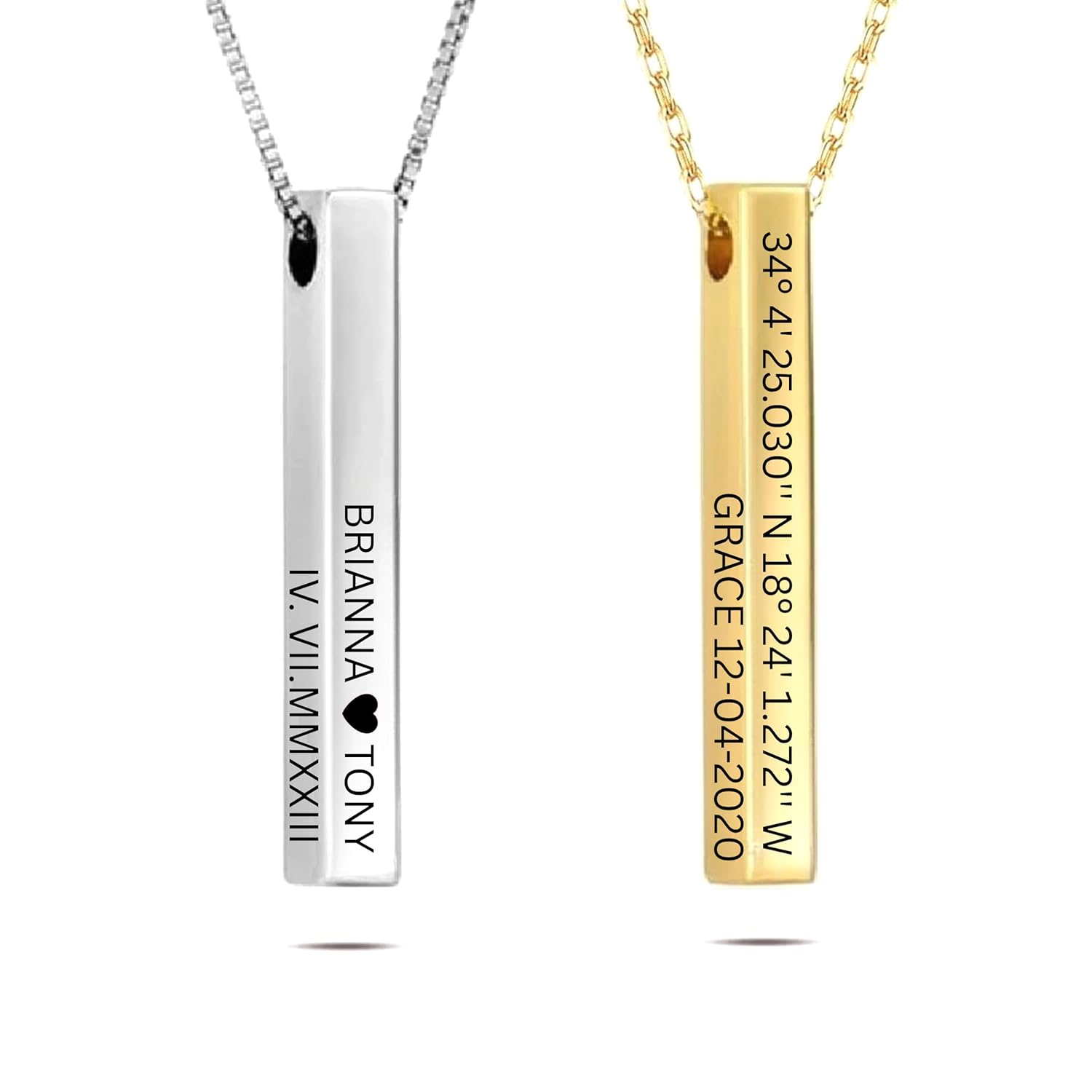 18K Gold Plated 3D Vertical Bar Necklace – Custom Engraved 4-Sided Name Pendant for Women – Personalized Jewelry Gift for Mom, Kids' Names, Coordinates – Birthday, Mother’s Day