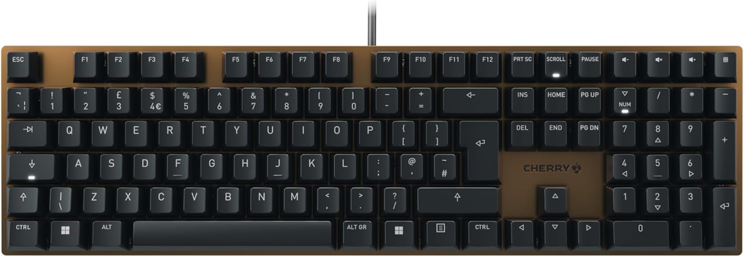 CHERRY KC 200 MX, Mechanical Office Keyboard with Anodised Metal Plate, UK Layout (QWERTY), Wired, MX2A SILENT RED Switches, Bronze/Black