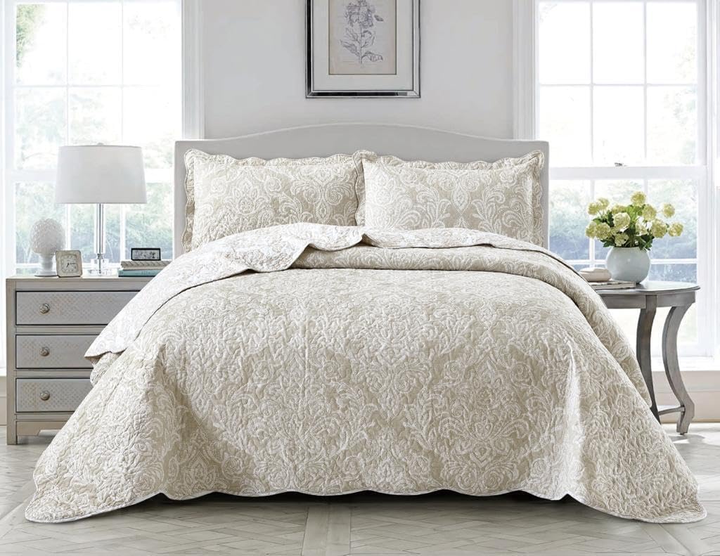 Q Style Quilted Patchwork Bedspread Bed Throw 3 Piece Comforter bedding set with Pillow Shams and Coverlet Throw Machine Washable (Damask-Beige, King)