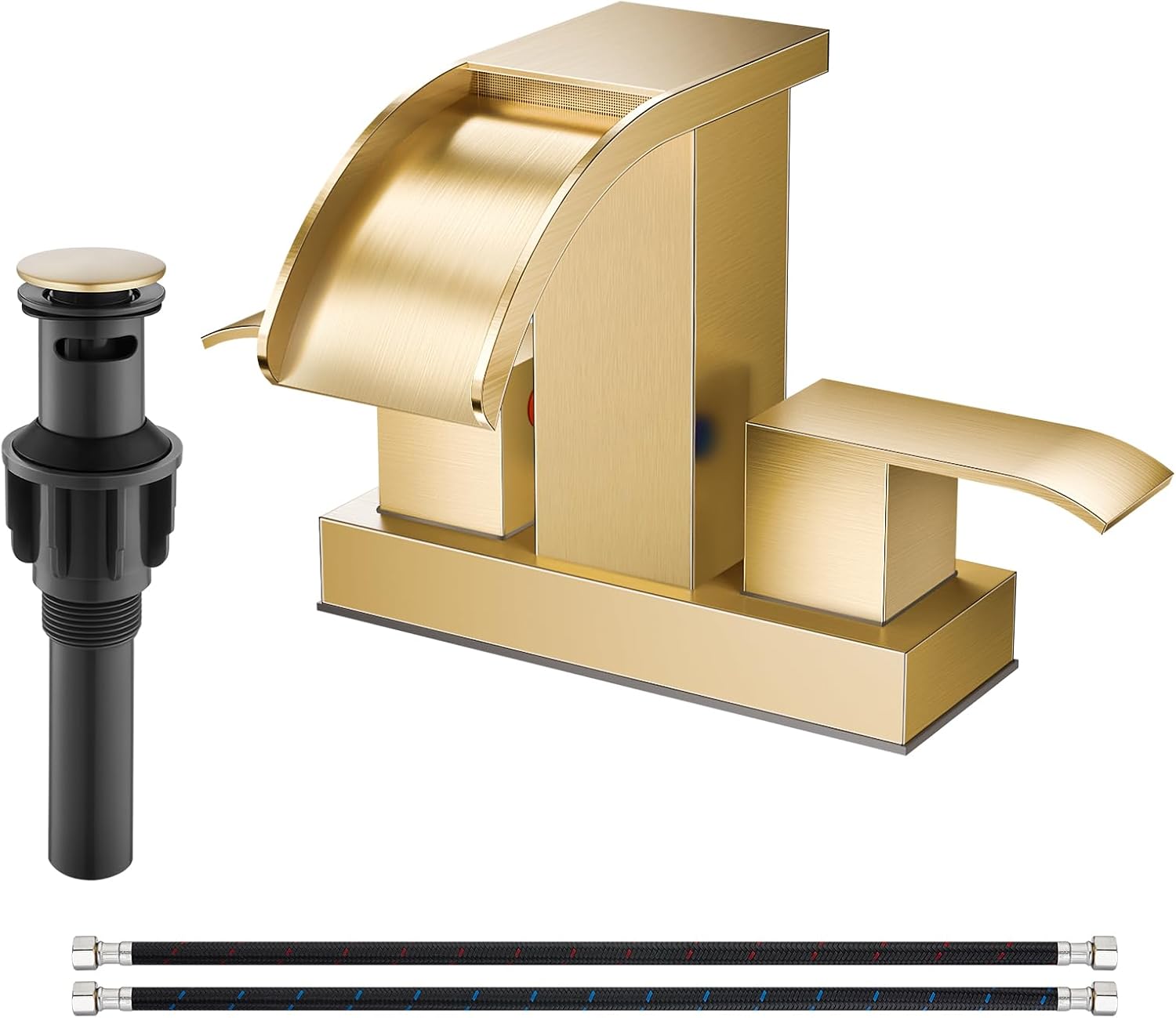 gotonovo Waterfall 4 Inch Centerset Bathroom Sink Faucet 2 Handle Basin Faucets 2 or 3 Hole Deck Mount with Pop Up Drain Included Lavatory Modern Mixer Tap Vanity Faucet Brushed Gold