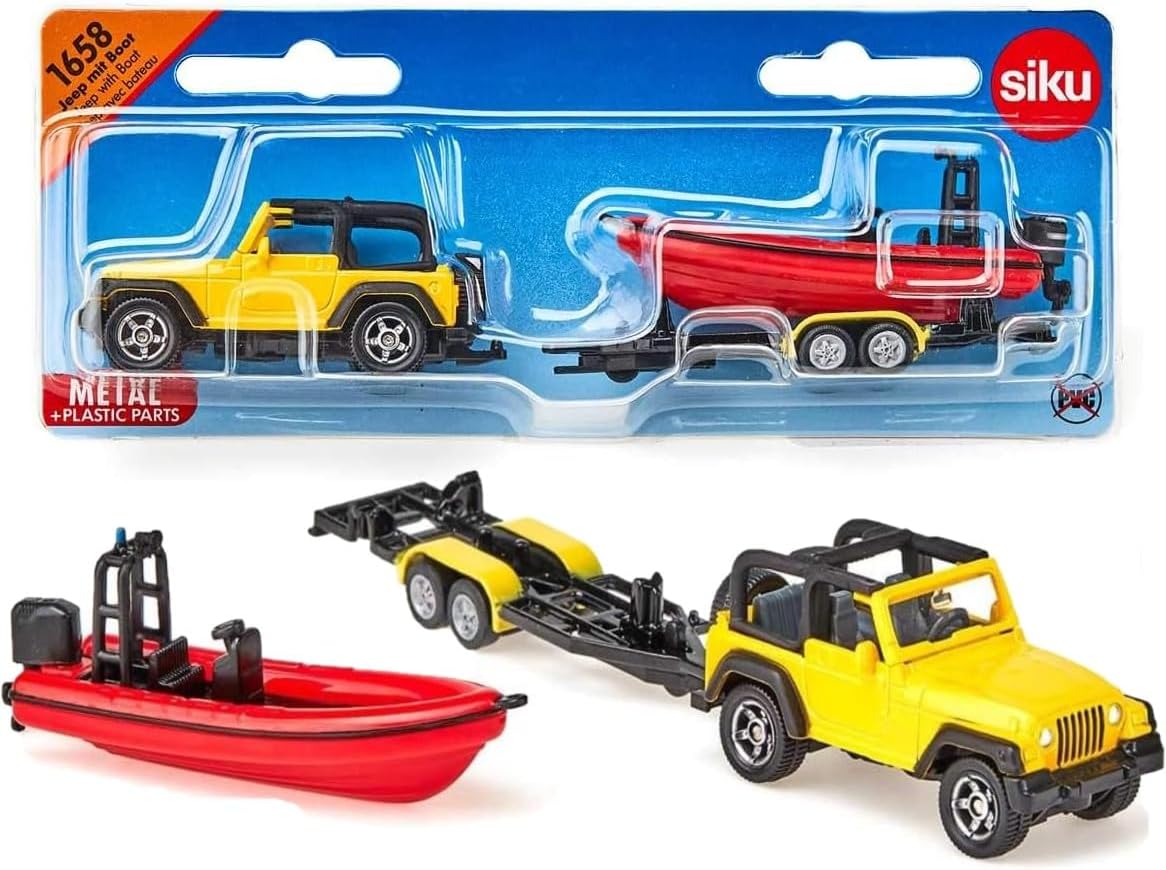 Siku 1658, Jeep with Boat, Metal/Plastic, Yellow/Red, Removable Trailer, Floatable Boat