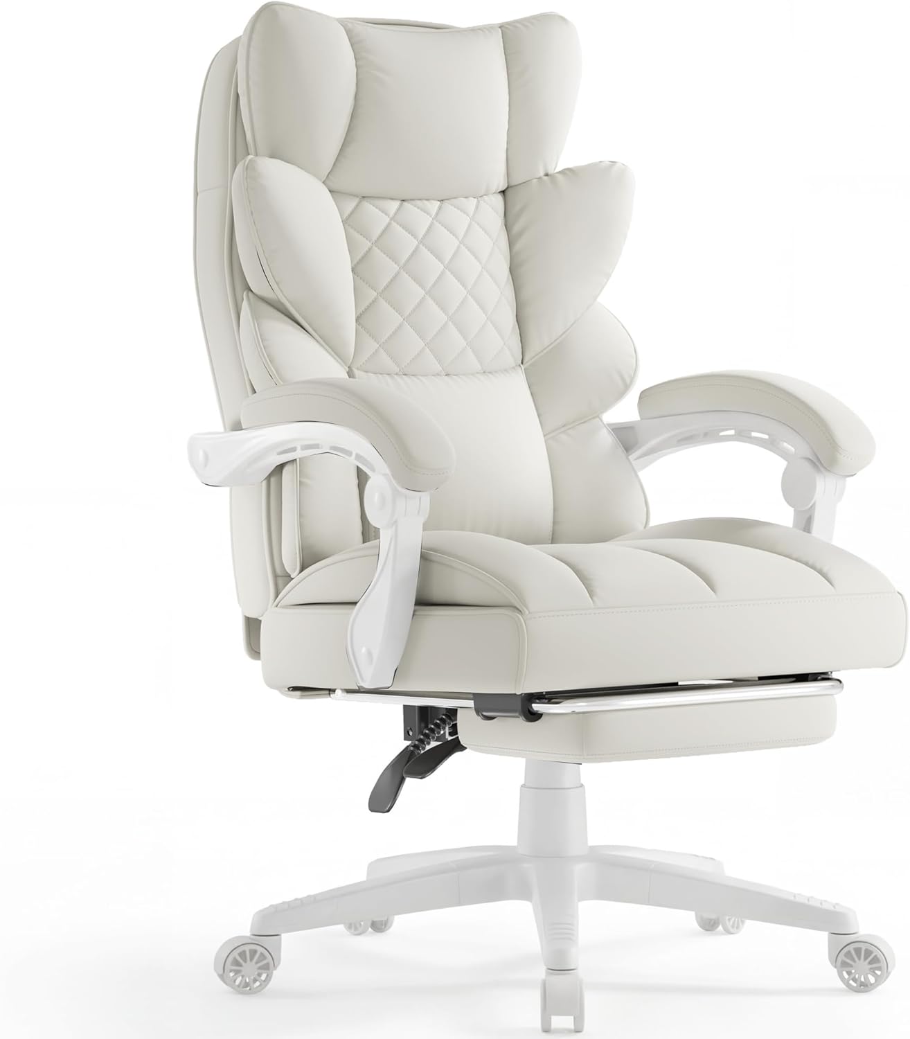 Dowinx Big and Tall Office Chair with Pocket Spring Cushion,High Back Computer Gaming Chairs with Linkage Armrests,Executive Desk Chairs with Footrest,PU Leather-White