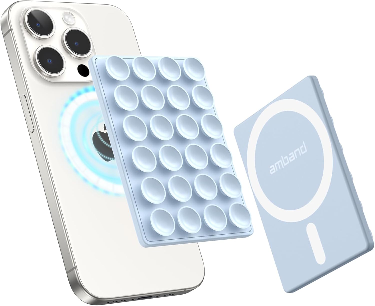 amBand Magnetic Suction Phone Grippy for MagSafe Case, Silicone Cup Sticky Mount for iPhone 12/13/14/15/16 Pro Max/Pro/Plus/Mini, Hands-Free Selfie/Video for TikTok Creator/Influencer, Light Blue