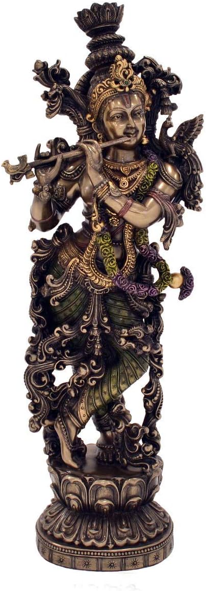 Large Krishna Idol - Bronze Finish- Lord Krishan Statue Hindu Religious (Size 15 x 5 Inches)