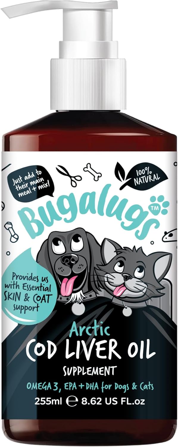 Bugalugs Cod liver Oil for Dogs & Cats, EPA & DHA, Fish Oil for Dogs Skin & Coat dog supplements health supplies for dogs more omega 3 for dogs than salmon oil for dogs uk (255ml, Cod Liver Oil)