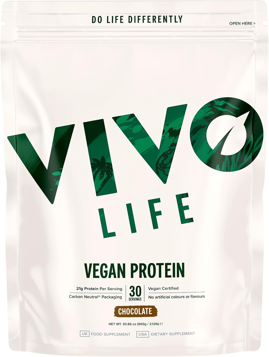 Vivo Life - Vegan Protein Powder - 21 Grams of Plant-Based Protein per Scoop, 30 Servings (960g) Dark Chocolate