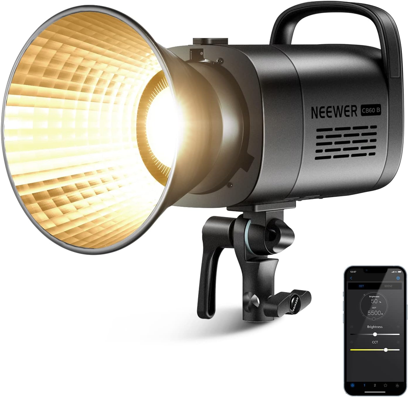 NEEWER CB60B 70W LED Video Light with 2.4G/APP Control, COB Bi Color Bowens Mount Continuous Output Lighting 2700K-6500K 34000Lux/1m CRI97+/12 Effects for Studio/Outdoor Photography/Video Recording