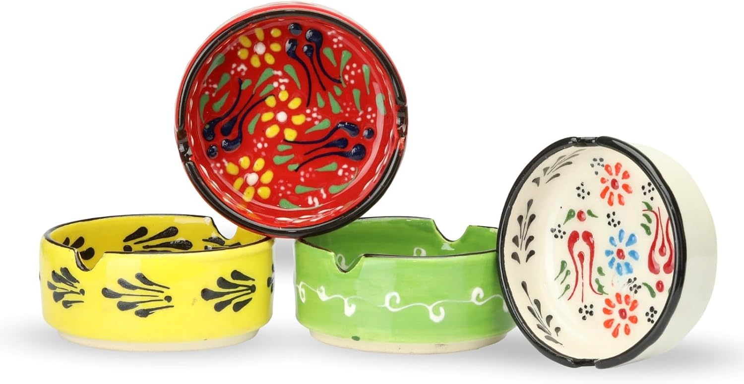 ARESTE Ashtrays for Smokers Indoor - Handmade & Hand-Paint Vintage Ash Tray - Retro Ashtray for Outside Patio - Ceramic Cigar Accessories - Cigar Ashtrays for Outdoors (4 Pcs)