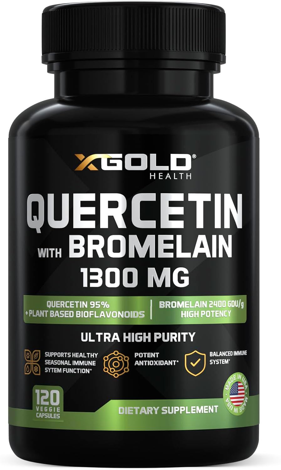 Quercetin + Bromelain 1,300mg – Quercetin: 95% - Highly Purified and Highly Bioavailable Plus Bromelain 2,400 GDU/g - Made in USA | 120 Caps