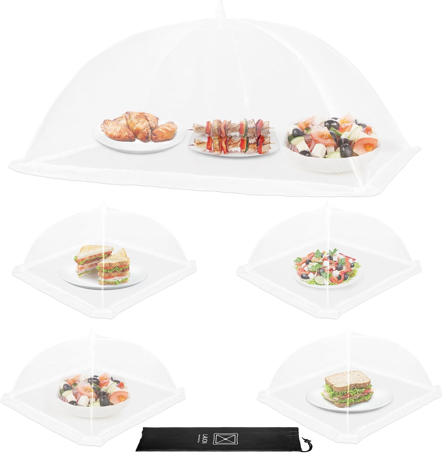 Food Covers, 1 Extra Large (40"X23.7") & 4 (17"X17"), 5 Pack White Mesh Plate Serving Tents, Pop-Up Umbrella Screen Tents, Jumbo Food Net for Outdoor Picnics Parties BBQ, Collapsible Reusable