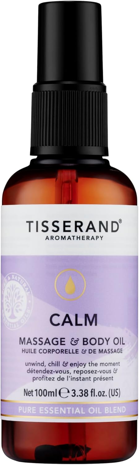 Tisserand Massage and Body Oil - Natural Essential Oils Blend of Lavender, Bergamot, and Patchouli - Enriched with Vitamin E - Real Calm - 3.38 oz