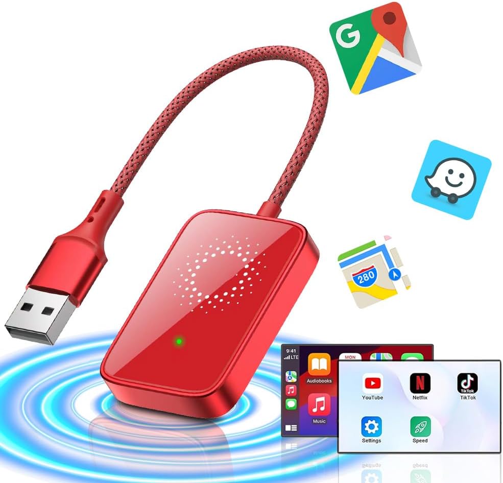 WODHMIEY Wireless CarPlay Adapter, 5.0GHz Fast Transmission, Plug & Play, Voice Assistant Compatible, Auto Connect, OTA Updates, Works With 98% Vehicles, Supports Navigation, Music & Calls, Red