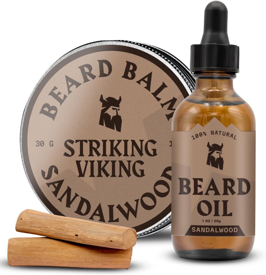 Striking Viking Men's Beard Oil and Balm - Beard Growth Kit – Balm & Conditioner Enriched with Argan & Jojoba Oil - Sandalwood Scent