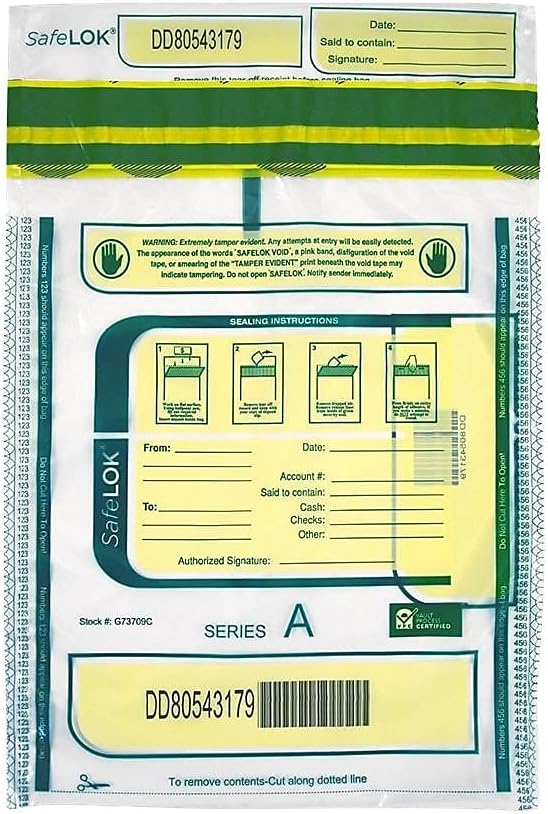 ControlTek SafeLok 9" x 12", Clear, 100 Bags, Tamper-Evident Deposit Bags for Cash Handling & Valuables, Moisture, Heat and Cold Sensitive Ink, Tear-off receipt + Large Barcodes 585087