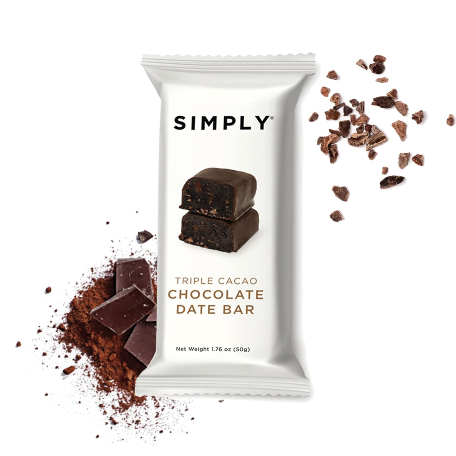 SIMPLY GUM Chocolate Date Bars | Triple Cacao | Fair Trade Chocolate | Vegan + Kosher + Non-GMO (Pack of 6 Bars)