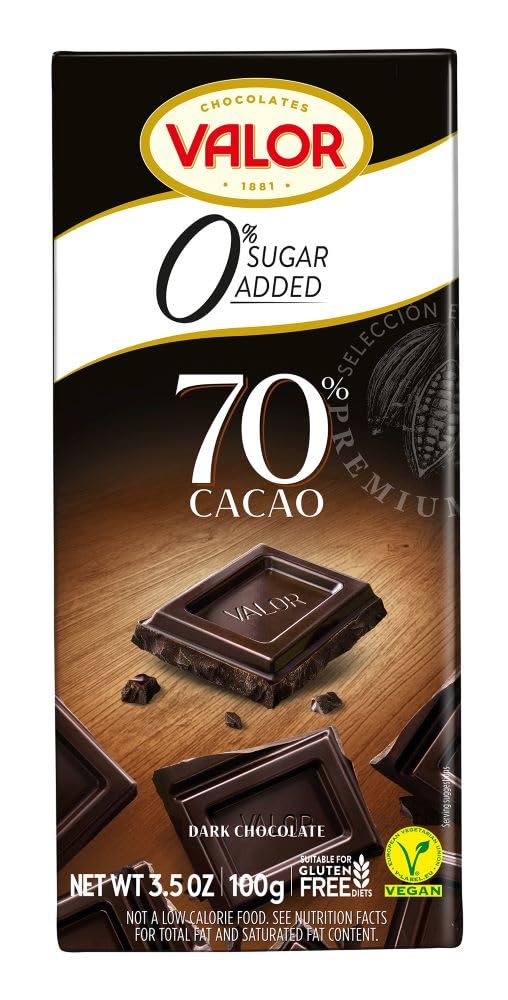 Valor. 70% Cocoa Dark Chocolate. No sugar added. One bar of 100g (3.53oz).