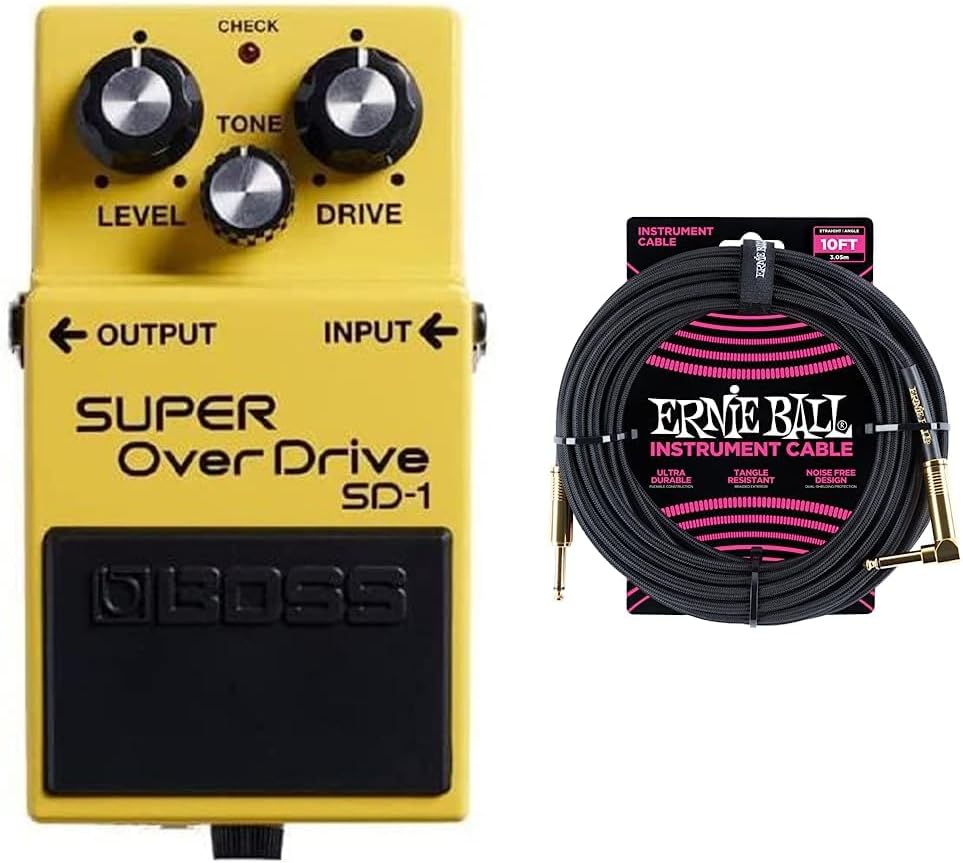 Boss SD-1 Super Overdrive Pedal & Ernie Ball Braided Instrument Cable, Straight/Angle, 10ft, Black (P06081)