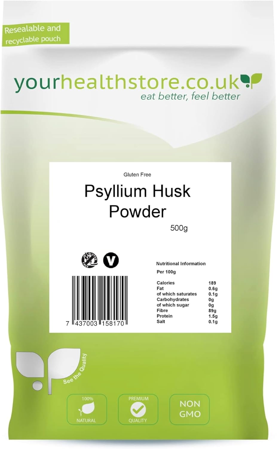 yourhealthstore Psyllium Husk Powder 500g, Extra High Purity, Non Contaminated, No Pesticides, Fine Powder, Gluten Free, Vegan, (Recyclable Pouch)