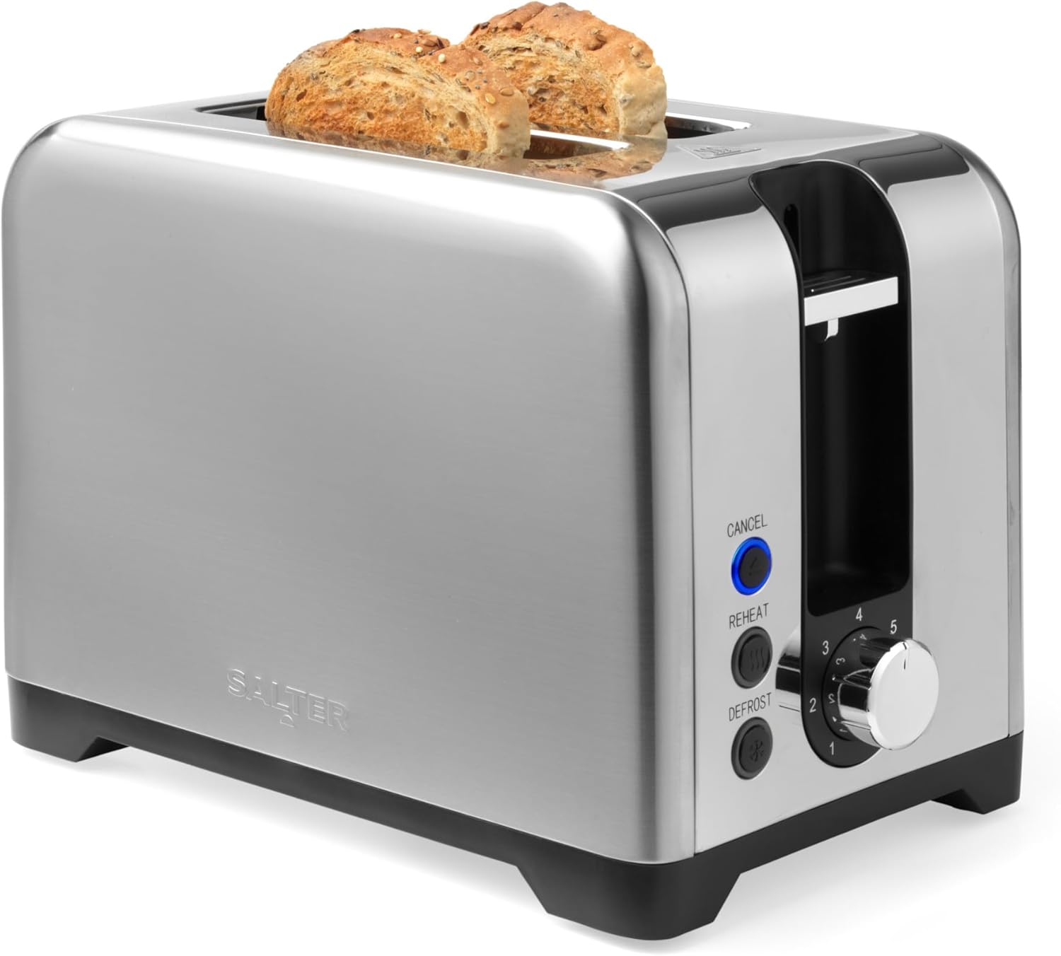 Salter Stainless Steel 2-Slice Toaster – Wide Slots For Extra Thick Bread, Bagels & Crumpets, 7 Browning Levels, Removable Crumb Tray, Defrost, Reheat & Cancel Functions, High Lift Eject, 930W