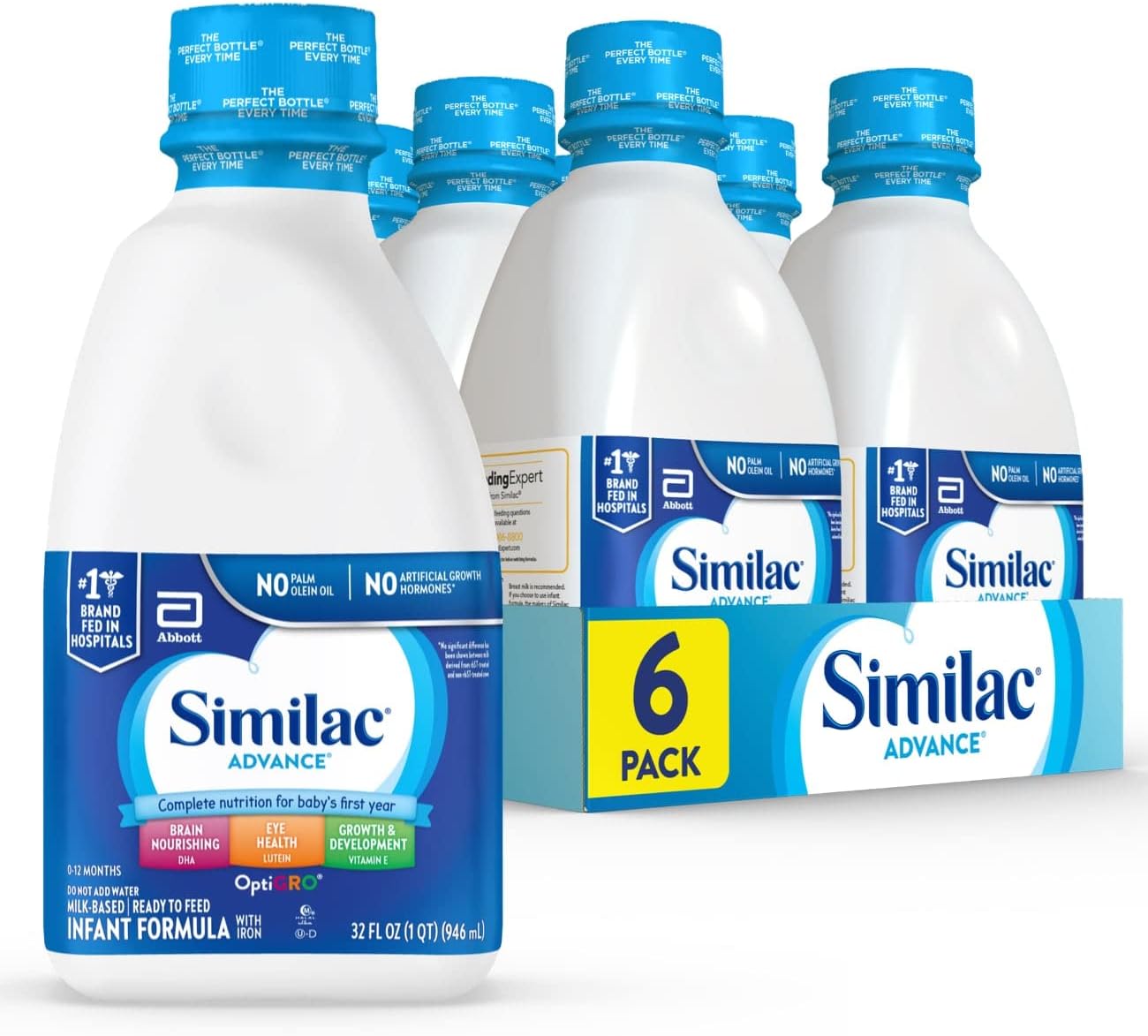 Similac Advance Infant Formula with Iron, Ready-to-Feed Baby Formula, 32-fl-oz Bottle, Pack of 6